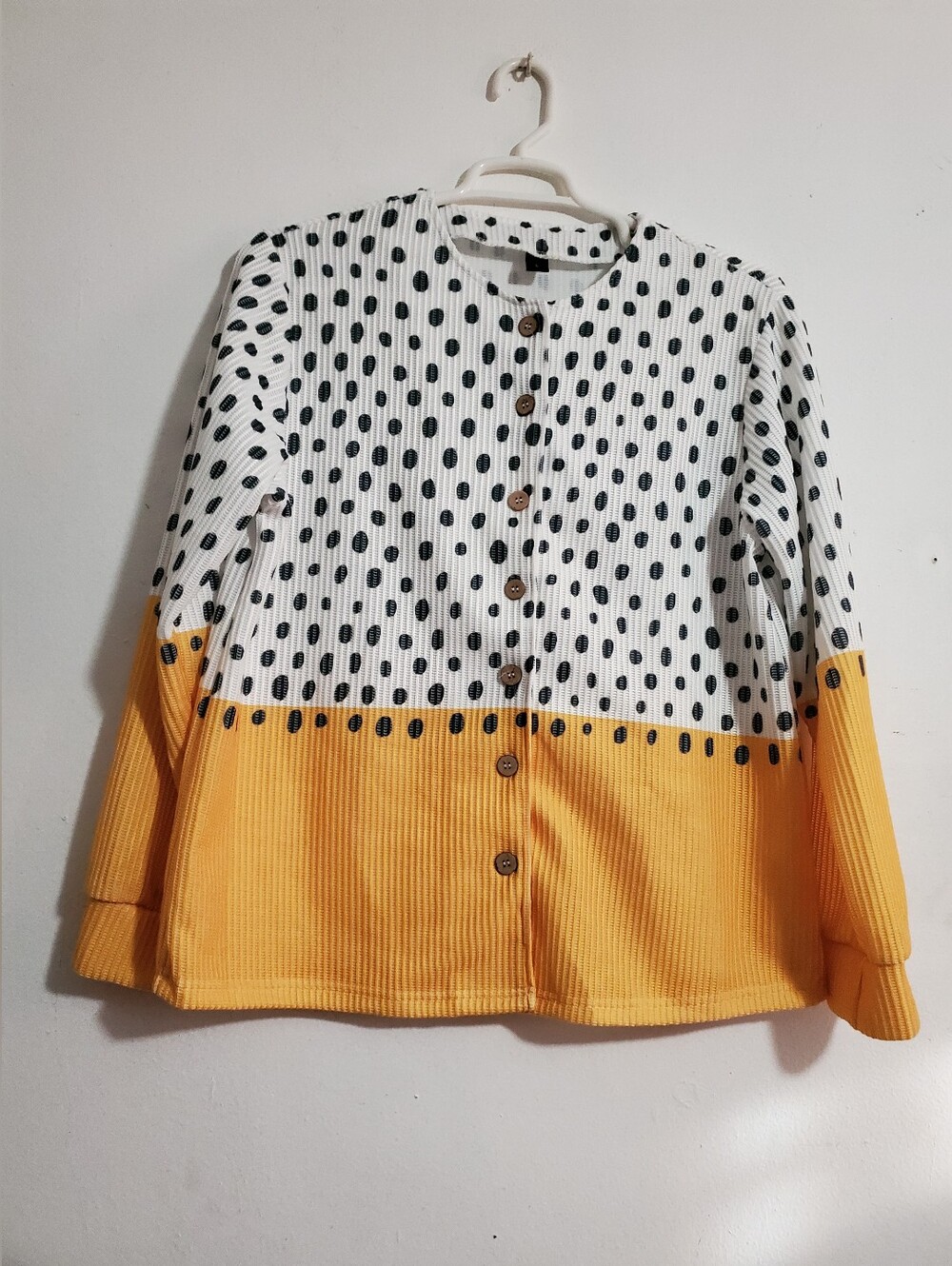 Polka Dot Colorblock Button-Up Cardigan in White & Mustard Size Large
